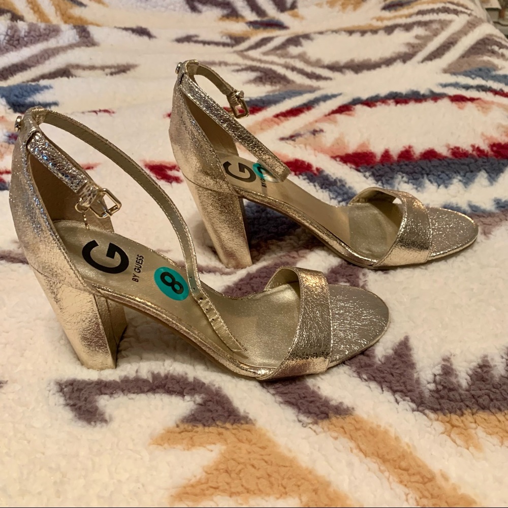 Gold Guess block heeled sandal w/ ankle strap